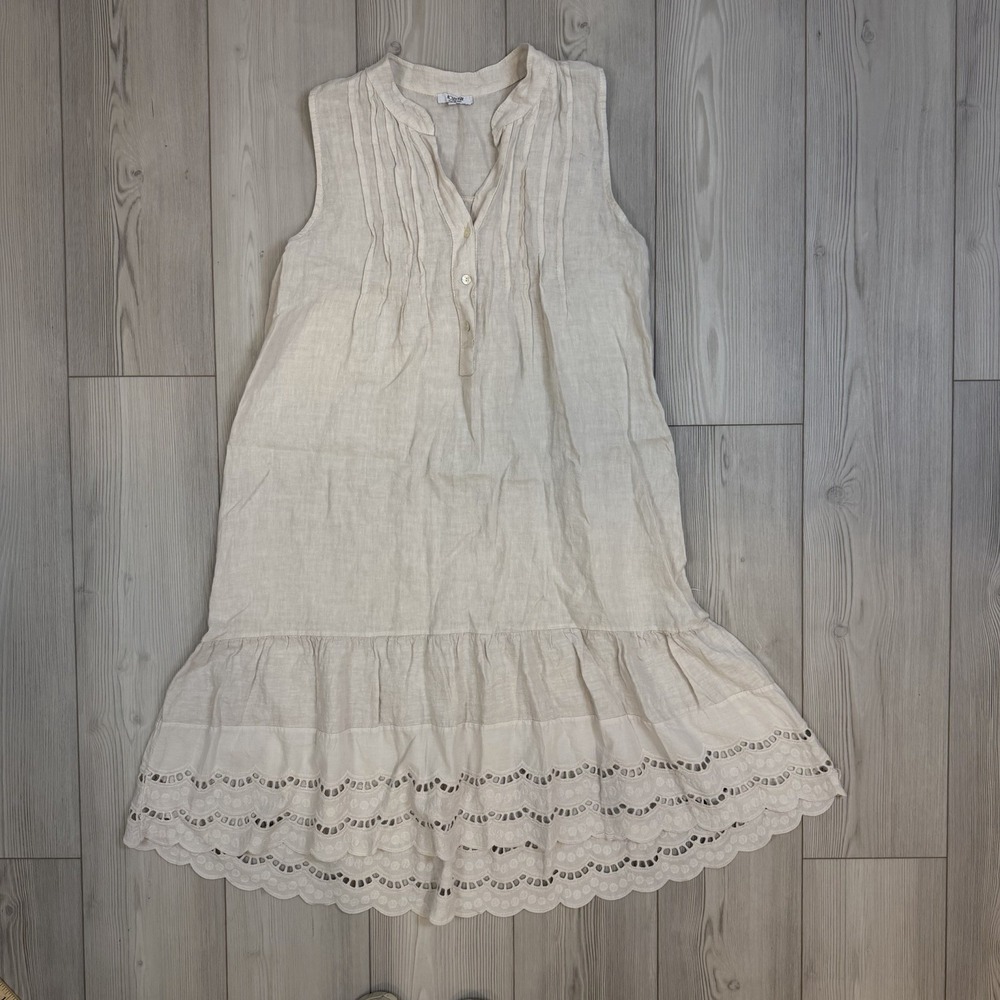 Rosemarine Linen Beige Sleeveless Shift Dress Women's M Eyelet Hem Italy